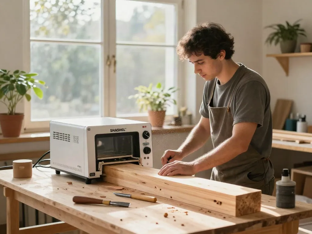 SHASHEL® microwave woodworm treatment in artisan's workshop for effective pest removal.