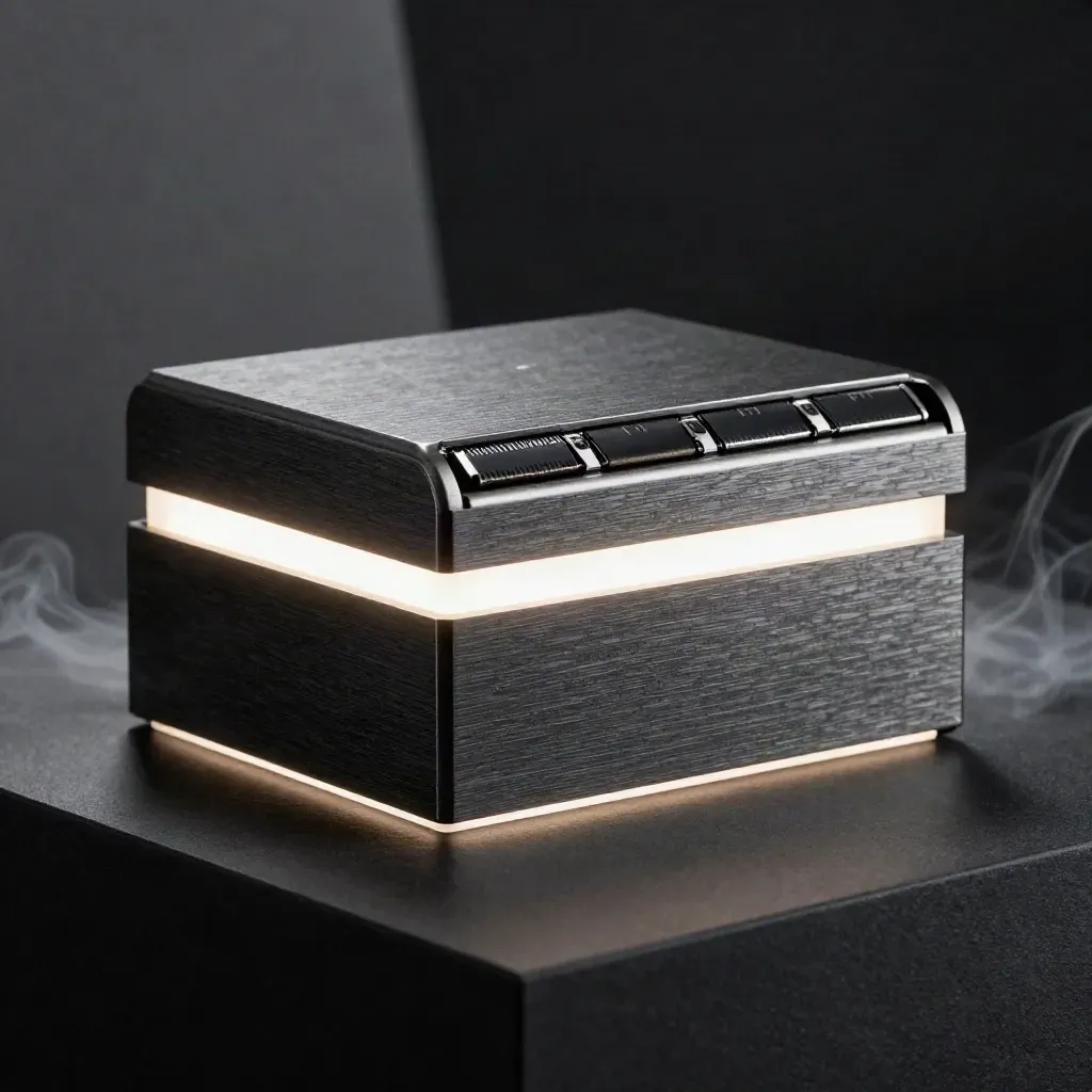 Dark ROI dashboard box with glowing inserts on a matte-black pedestal, in moody studio light