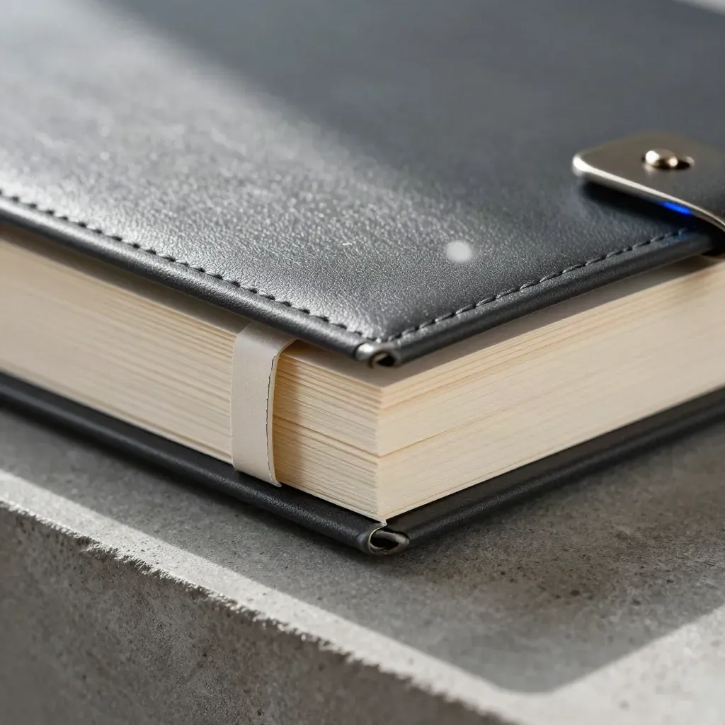 Extreme macro of a charcoal growth-plan binder with paper band, steel clip, and blue accent on concrete.